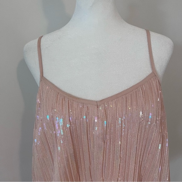 Anthropologie Powder Pink Sequin Spaghetti Strap Ruffle Hem Blouse |S| - Picture 4 of 8